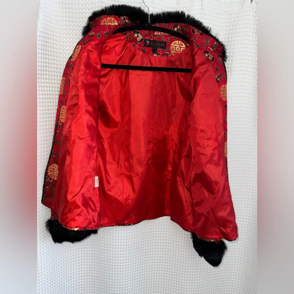 Chinese Silk Blend Jacket Rabbit Fur Collar Red Tailored blazer sz L /US Small - Picture 10 of 14